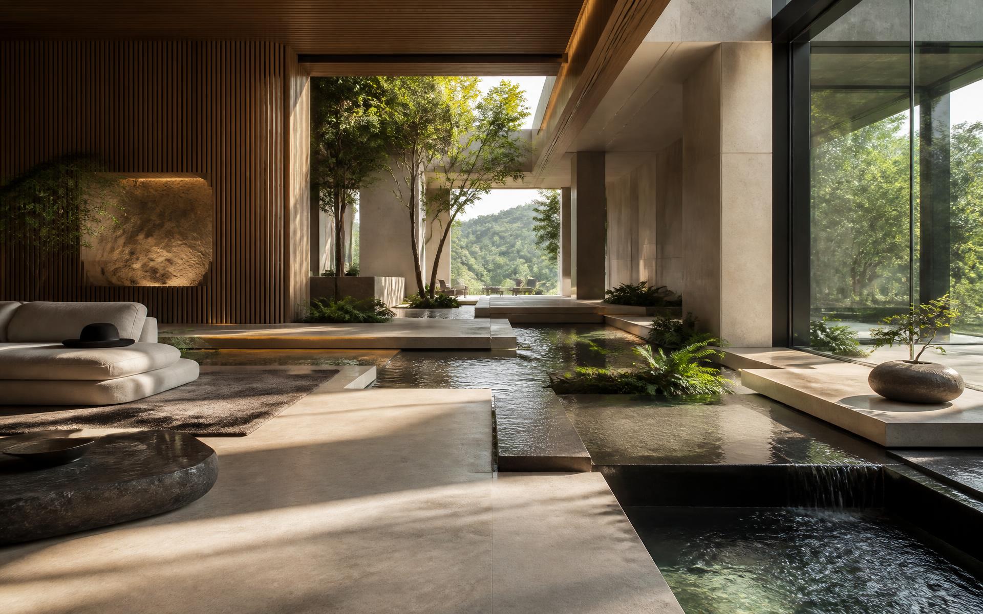 Interno di lusso con acqua, luce naturale e verde — ambiente Habitat analizzato dai nostri esperti
