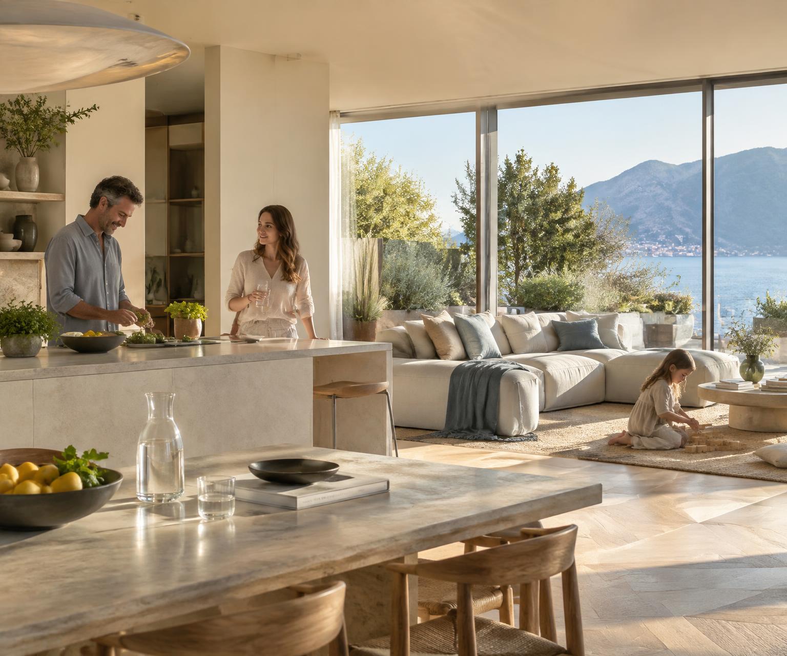 Una famiglia vive momenti quotidiani in una casa luminosa — la tecnologia Habitat è invisibile